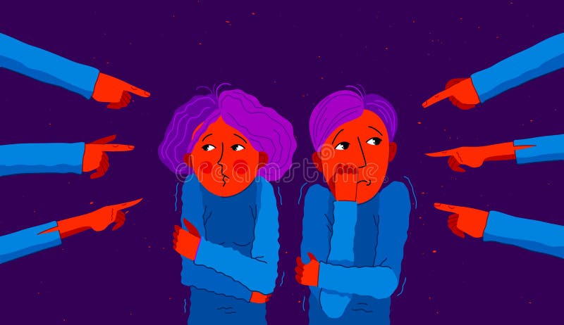Shaming and blaming vector concept, hands pointing finger on young couple feeling uncomfortable and scared, discrimination problem vector illustration