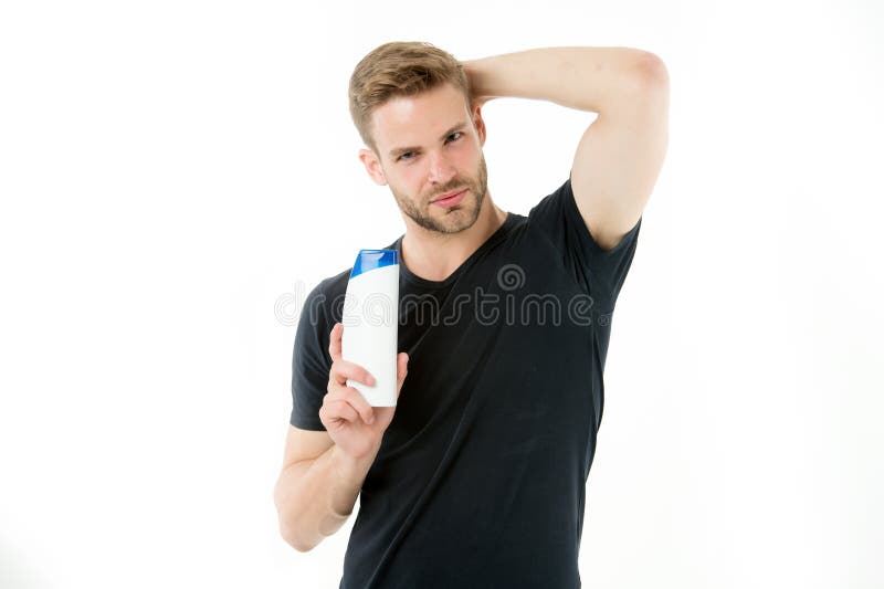 Shampoo. hair care with shampoo. shampoo in hand of man. man hold shampoo bottle isolated on white. good morning stock photos