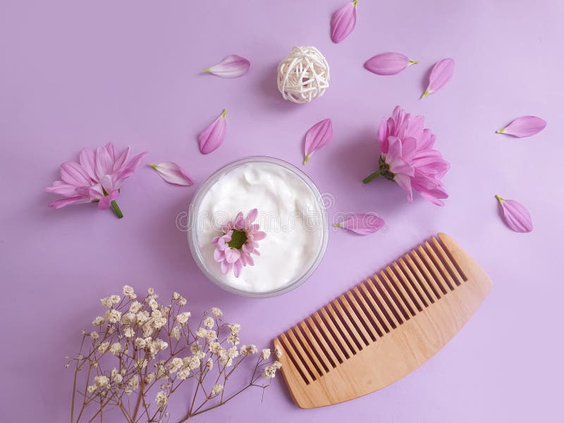 Shampoo, Wooden Comb Conditioner Healthy on a Colored Background Stock