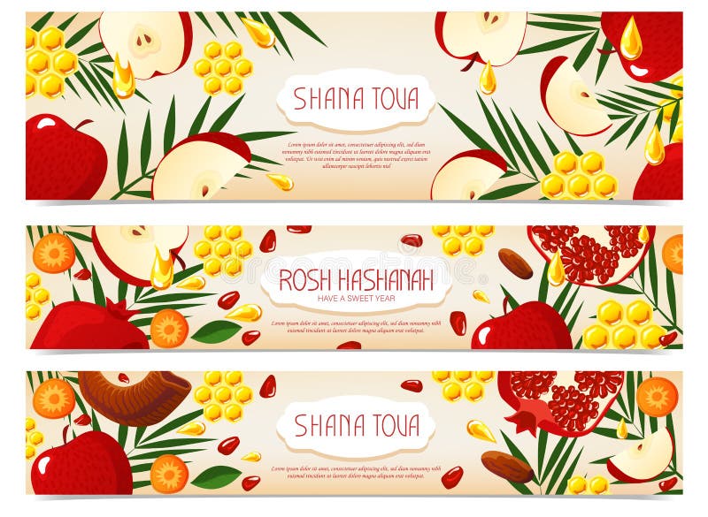 Shana Tova Zbiór noworocznych banerów z miodem, shofarem, jabłkiem, granatem, marchewką, palmem Szczęśliwego Nowego Roku w Izrael ilustracji