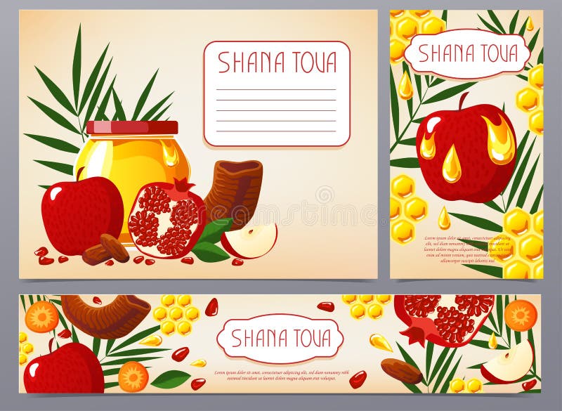 Shana Tova Zbiór noworocznych banerów z miodem, shofarem, jabłkiem, granatem, rybą, marchewką, palmem Szczęśliwego Nowego Roku w ilustracja wektor