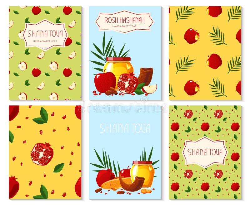 Shana Tova Zbiór noworocznych banerów z miodem, shofarem, jabłkiem, granatem, rybą, marchewką, palmem Szczęśliwego Nowego Roku w ilustracja wektor