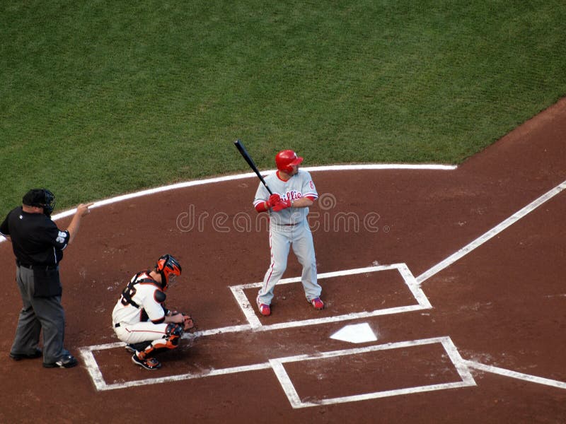 SAN FRANCISCO, CA - OCT. 20: Shane Victorino waits on incoming pitch with Buster Posey catching during game 4 of the 2010 NLCS game between the Giants & Phillies ib Oct. 20, 2010 at AT&T Park in San Francisco, CA.