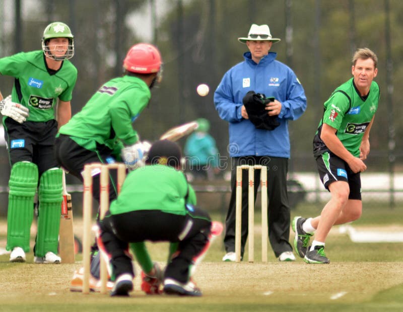 Shane Warne spin bowls opposition batsman when playing locally for the Melbourne Allstars