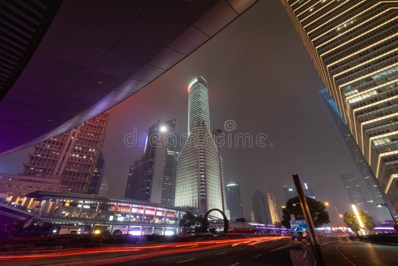 A night view of the modern Pudong skyline across the Bund in Shanghai, China stock image A night view of the modern Pudong skyline across the Bund in Shanghai, China stock image