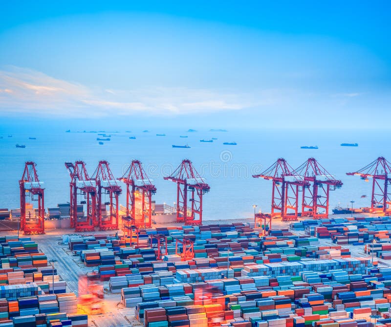 Shanghai container terminal at dusk stock images