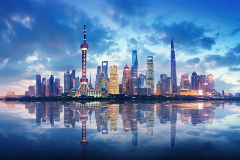 Shanghai pudong skyline στο sunset. η shanghai pudong είναι η μεγαλύτερη πόλη στην κίνα σανγκάι σκάιλαϊν πανόραμα με χουανγκπού ελεύθερη απεικόνιση δικαιώματος