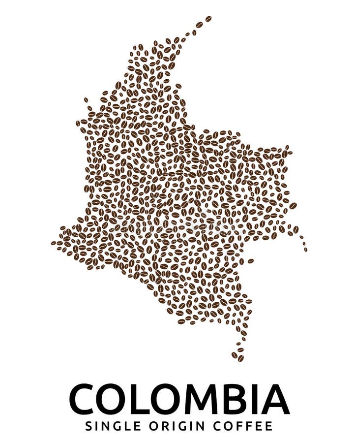 Shape of Colombia map made of scattered coffee beans, country name below