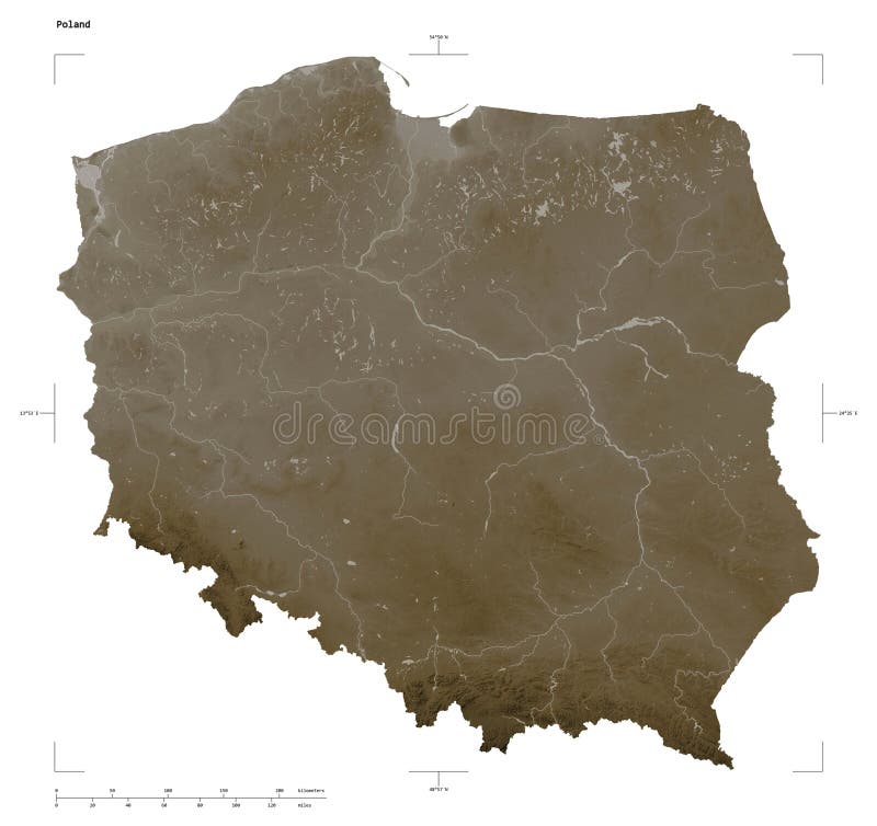 Shape of a elevation map colored in sepia tones with lakes and rivers of the Poland, with distance scale and map border coordinates, isolated on white. Poland map rivers illustrations