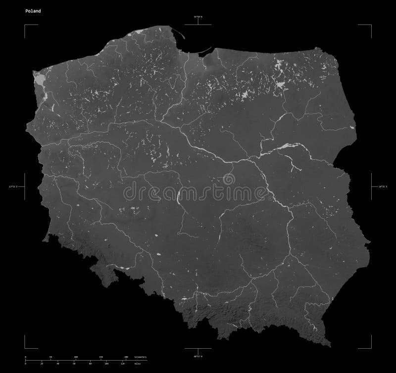 Shape of a Grayscale elevation map with lakes and rivers of the Poland, with distance scale and map border coordinates, isolated on black. Poland map rivers illustrations