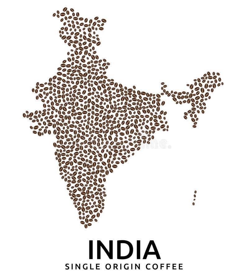 Shape of India map made of scattered coffee beans, country name below