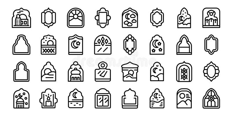 Shape islamic window icons set outline vector. Islam frame royalty free illustration