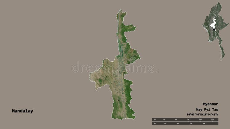 Mandalay, division of Myanmar, zoomed. Satellite stock illustration