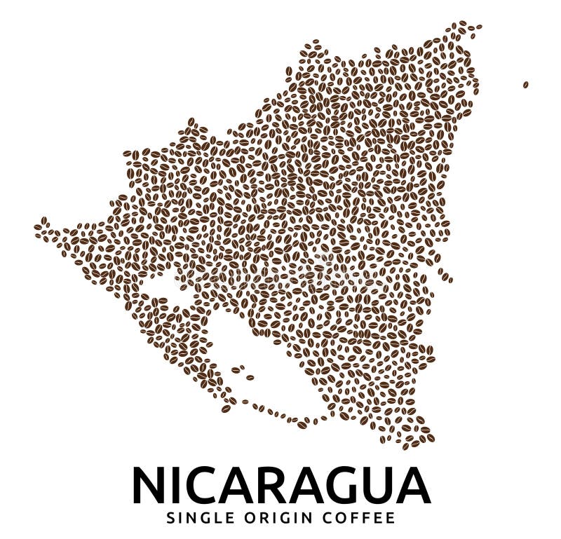 Shape of Nicaragua map made of scattered coffee beans, country name below