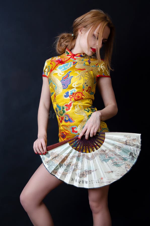 Caucasian Girl With Chinese Dress And Fan Stock Image Image Of Shape