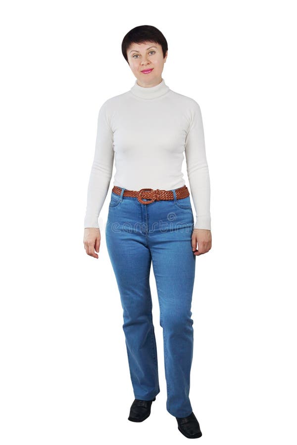 Shapely Woman Wearing Blue Jeans And White Turtleneck 