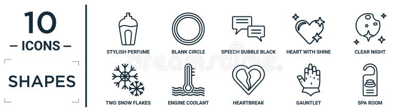 Shapes linear icon set. includes thin line stylish perfume bottle, speech bubble black, clear night, engine coolant, gauntlet, spa stock illustration