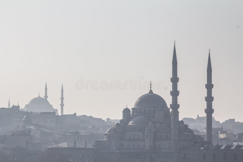 Shapes of the mosques of Sultanahmet or Blue Mosque and Eminonu in the shadow, in Istanbul, with the cupolas and minarets royalty free stock photos Shapes of the mosques of Sultanahmet or Blue Mosque and Eminonu in the shadow, in Istanbul, with the cupolas and minarets royalty free stock photos
