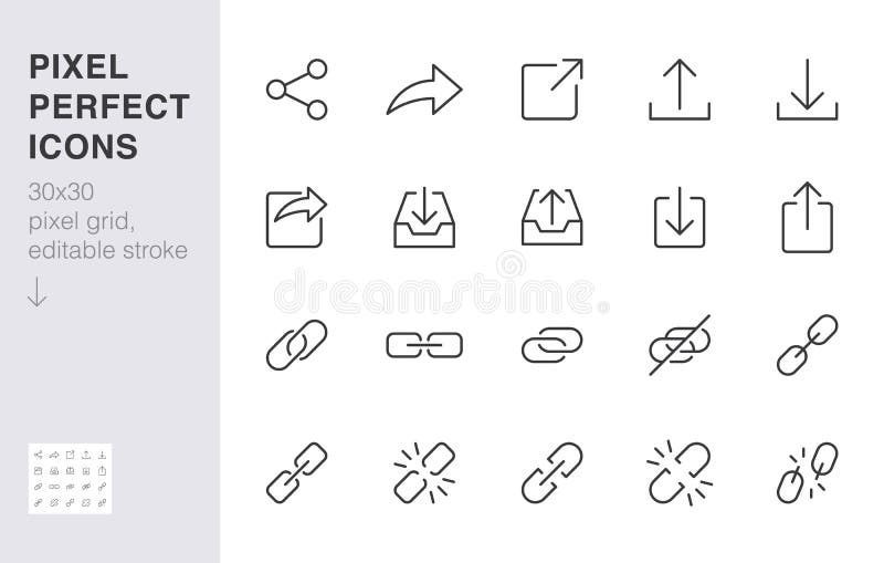 Share button line icon set. Link, broken hyperlink, download, publish, attach chain minimal vector illustrations. Simple vector illustration