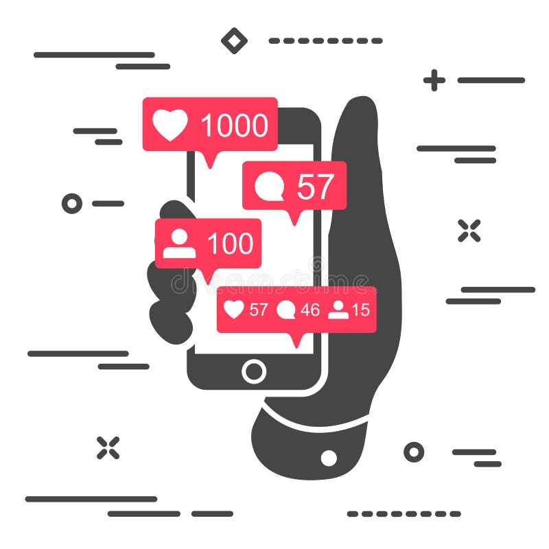 Share, like, comment, repost social media ui icons on screen of black mobile phone in hand. Pink bubble icon set for websites, vector illustration Share, like, comment, repost social media ui icons on screen of black mobile phone in hand. Pink bubble icon set for websites, vector illustration