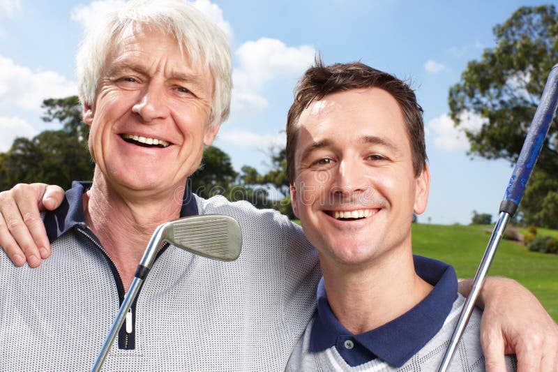 We Share a Love of Golf. Happy Father and Son Golfing Team Together on