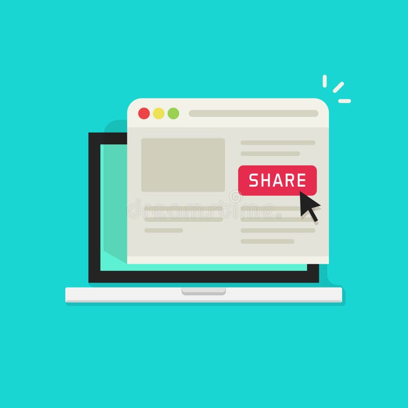 Sharing website page via share button on browser window in laptop computer screen vector illustration flat cartoon vector illustration