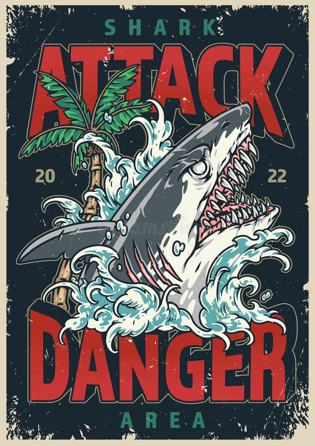 Shark Attack Colorful Vintage Poster Stock Vector - Illustration of ...