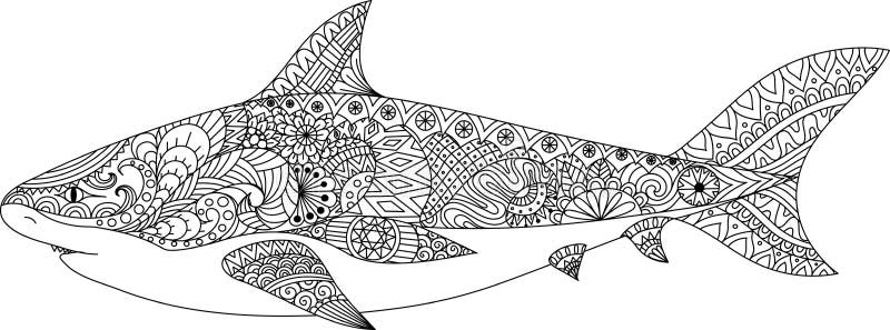 Shark line art design for coloring book for adult, tattoo, t shirt design and other decorations stock illustration