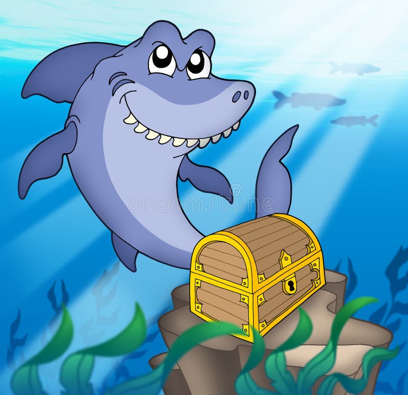Shark with treasure chest stock illustration. Illustration of aquatic