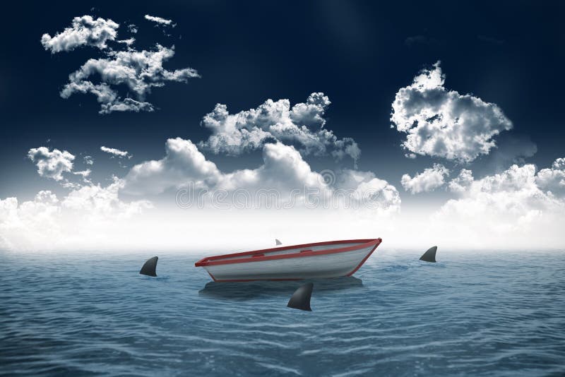 Sharks Circling Small Boat in the Sea Stock Illustration - Illustration ...