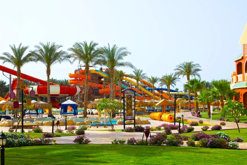Sharm El Sheikh, Egypt - April 10, 2017: The view of luxury hotel AQUA BLU Sharm 5 stars at day with blue sky stock images Sharm El Sheikh, Egypt - April 10, 2017: The view of luxury hotel AQUA BLU Sharm 5 stars at day with blue sky stock images