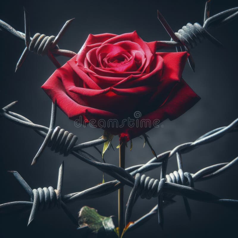 Sharp barbed wire ensnares a vivid red rose, emphasizing the juxtaposition of beauty and pain. ai generative