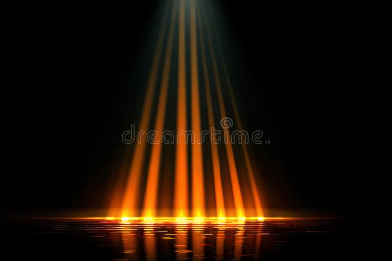 Sharp light beam piercing darkness with clear reflection on a smooth surface, minimalistic and dramatic. stock photo