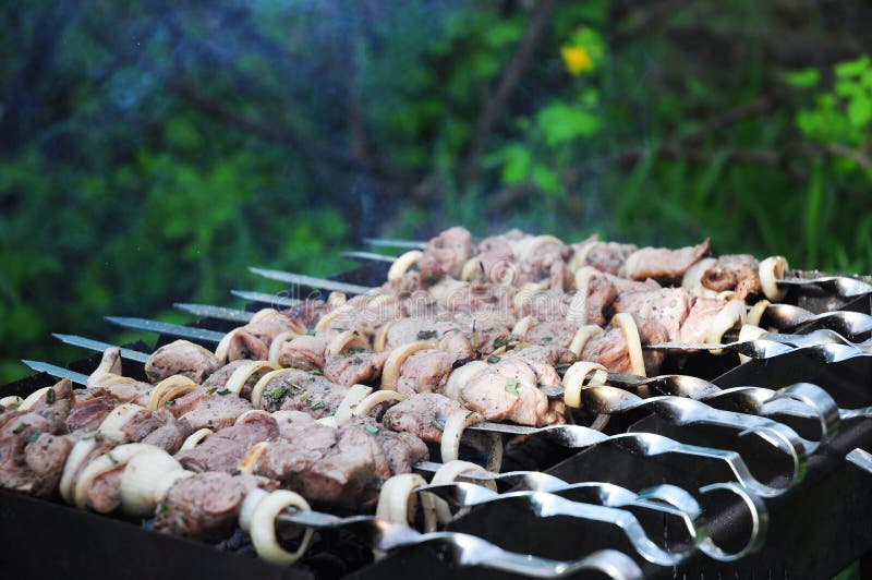 Shashlik or shashlyk (meaning skewered meat) was originally made of lamb.  Nowadays it is also made of pork or beef depending on local preferences and  Stock Photo - Alamy