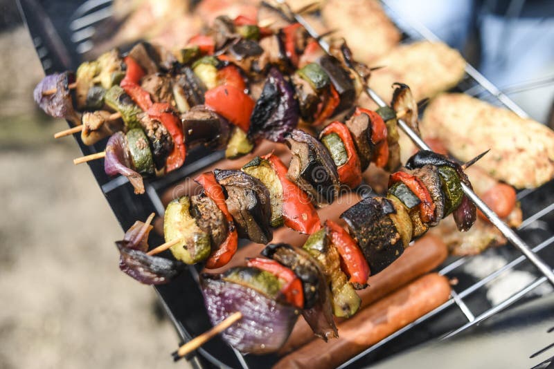 Shashlik from vegetables on grill, outdoor, summer time. Roasted skewer grill stock images, royalty-free photos and pictures