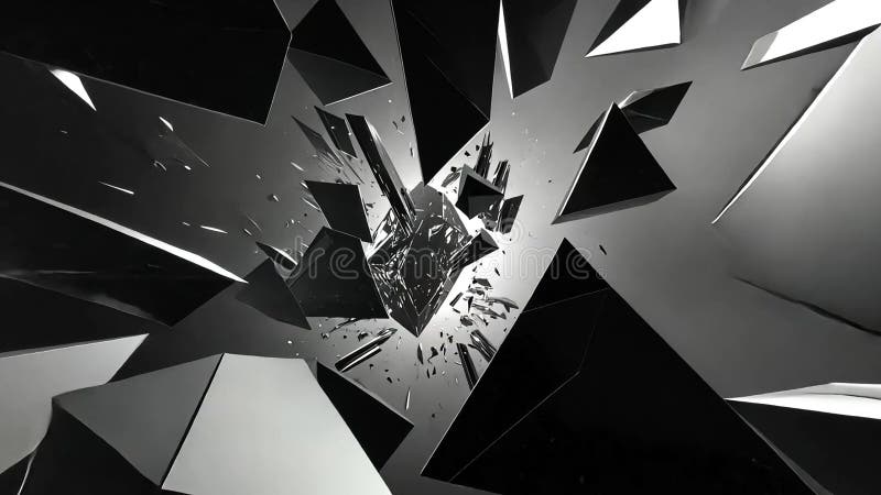 Shattered black and grey triangular shards explode outwards from a central point, creating a dynamic, abstract image royalty free illustration