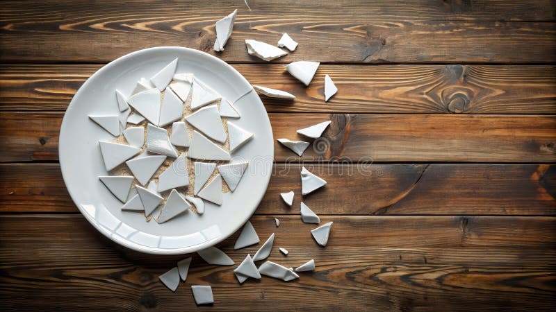 Shattered ceramic plate on rustic wooden surface a study in fragility and impermanence. Generative AI royalty free illustration
