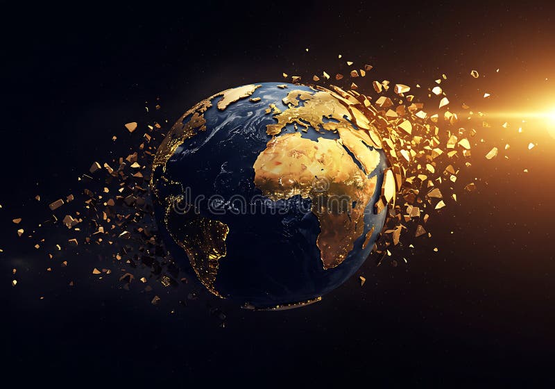 Shattered Earth globe exploding into golden fragments stock illustration