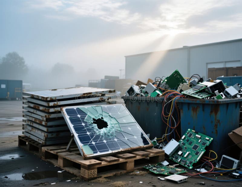 Shattered Solar Panel And E-waste At Recycling Center, generative ai vector illustration