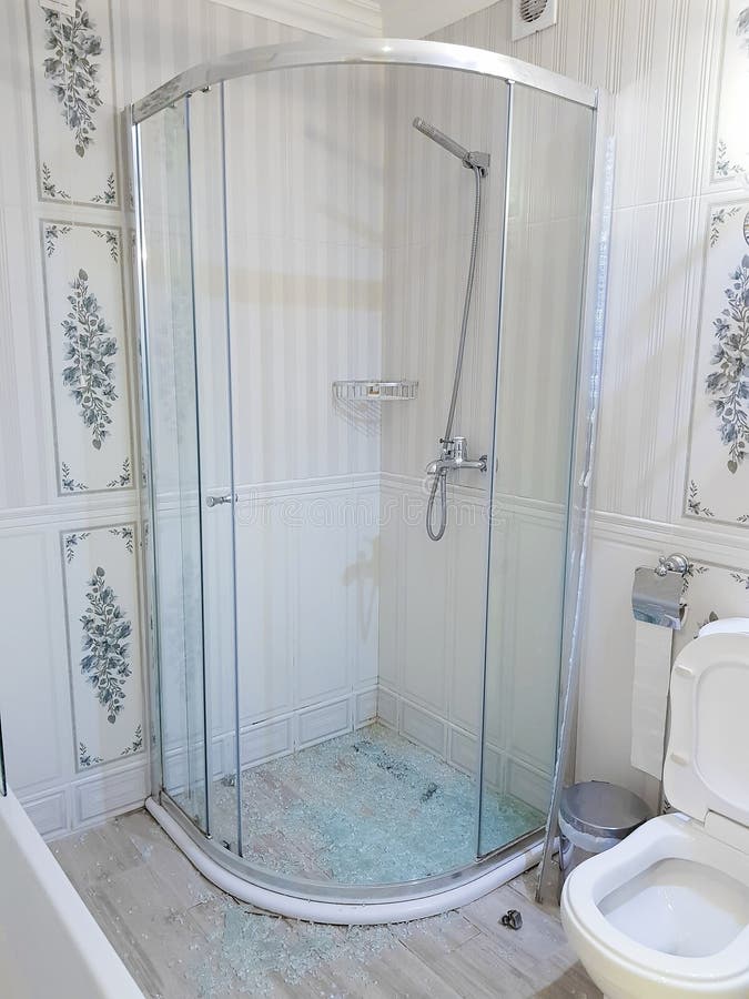 Shattered Tempered Glass Cleanup After A Shower Door Explodes. Stock Photo - Image of hinges How To Clean Up Shattered Shower Door