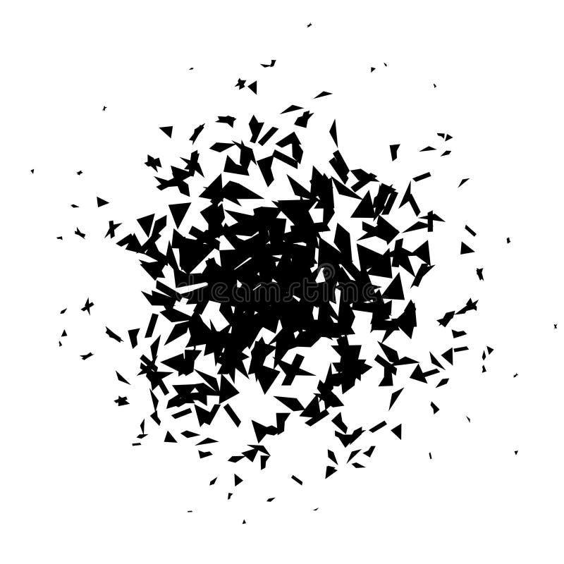 Shatters and debris in radial shape. Black broken pieces, specks, speckles and particles. Abstract explosion and burst stock illustration