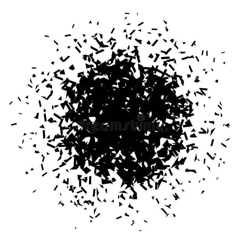 Shatters and debris in radial shape. Black broken pieces, specks, speckles and particles. Abstract explosion and burst stock illustration