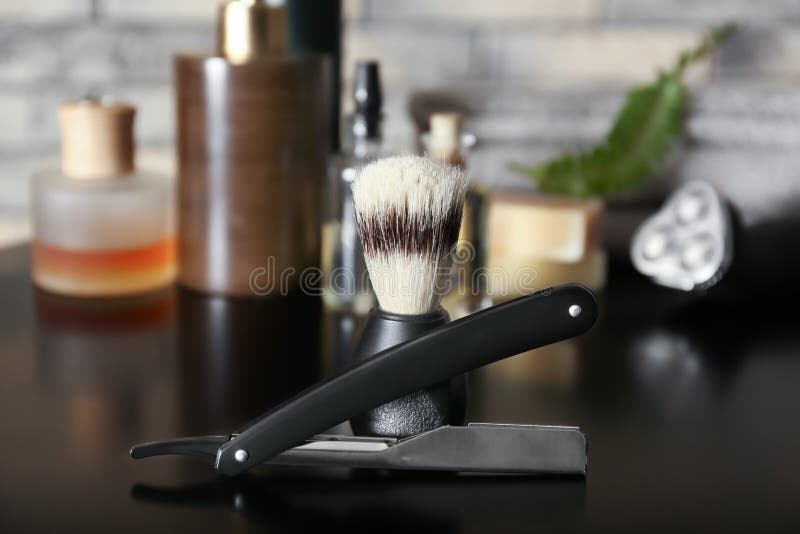 Shaving Accessories for Men on Wooden Table Stock Photo Image of