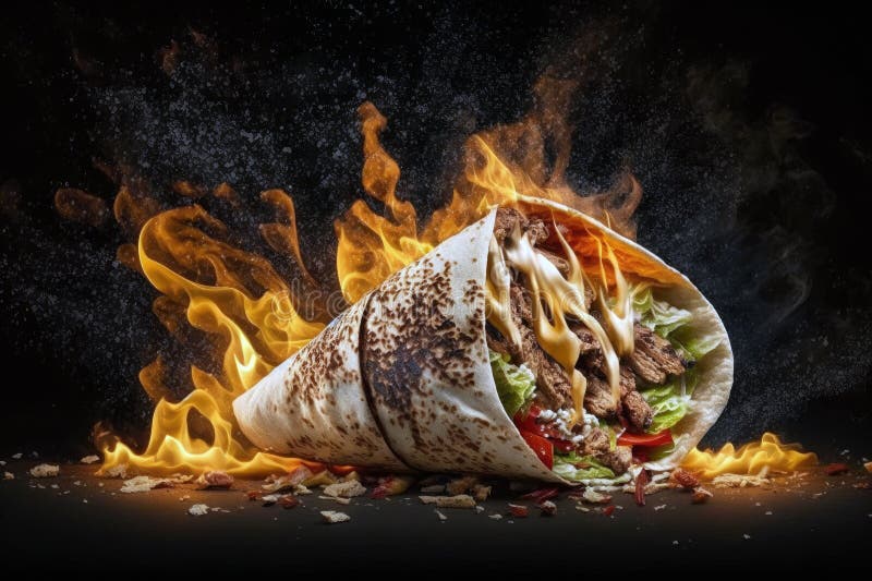 Shawarma on Fire Black Background. Generative AI Stock Illustration