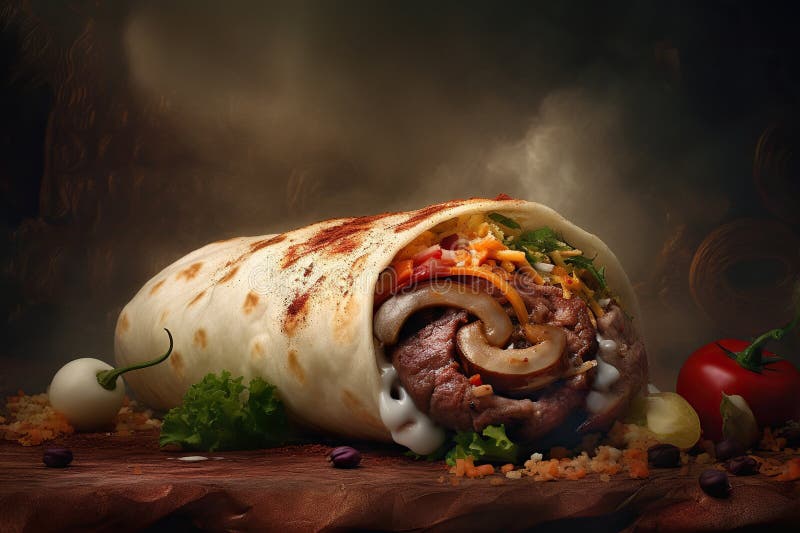 Shawarma in Lavash Grilled on the Table, Fast Food. Kebab Burrito Stock