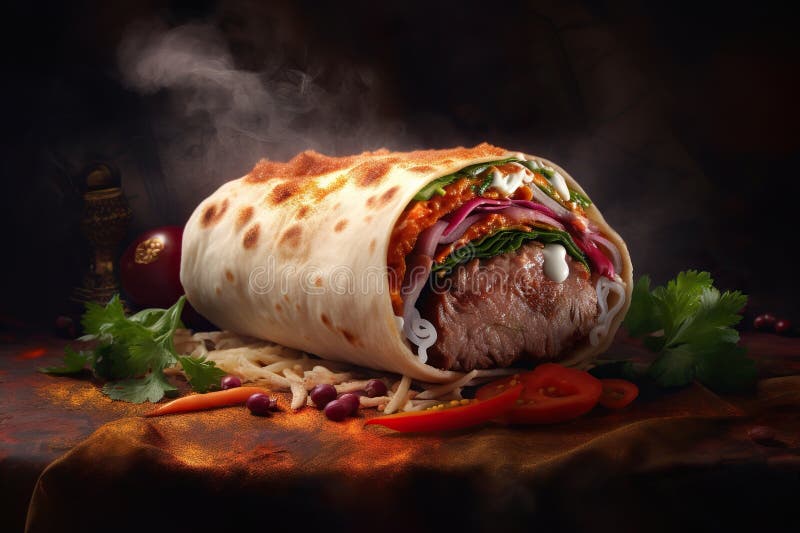 Shawarma in Lavash Grilled on the Table, Fast Food. Kebab Burrito Stock