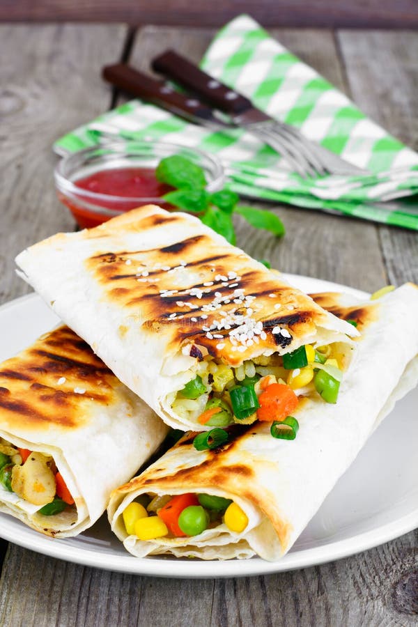 Shawarma Lavash with Rice and Vegetables Stock Photo Image of food