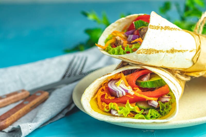 Shawarma Sandwich with Grilled Meat, Vegetables, Cheese Stock Image ...