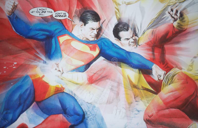 Shazam superhero comic character. Detail of comic character Shazam fighting Superman in a comic book published by DC Comics and also made into a live action royalty free stock photography Shazam superhero comic character. Detail of comic character Shazam fighting Superman in a comic book published by DC Comics and also made into a live action royalty free stock photography