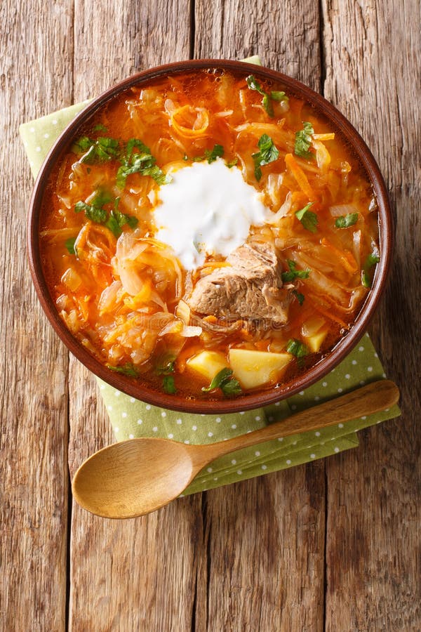 Shchi Traditional Russian Cabbage Soup Close-up in a Bowl. Vertical ...